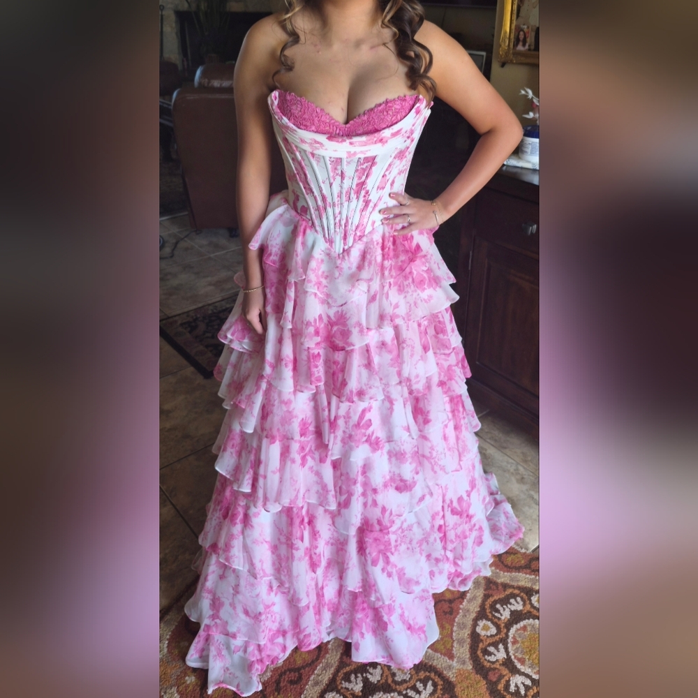 Strapless Pink Floral Ruffle Evening Gown - Picture 3 of 3